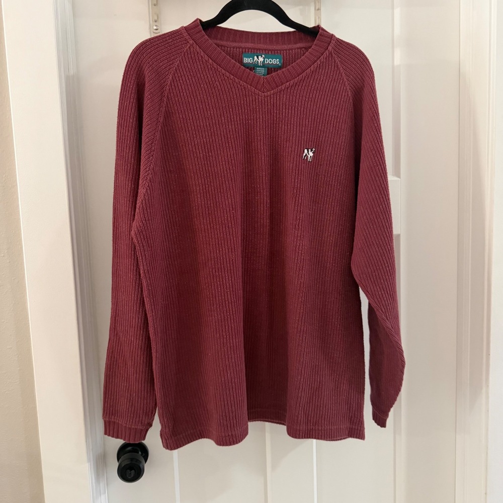 Vintage‎ Big Dogs Mens Ribbed Knit V-Neck Sweater Maroon Cotton Blend Pullover M
